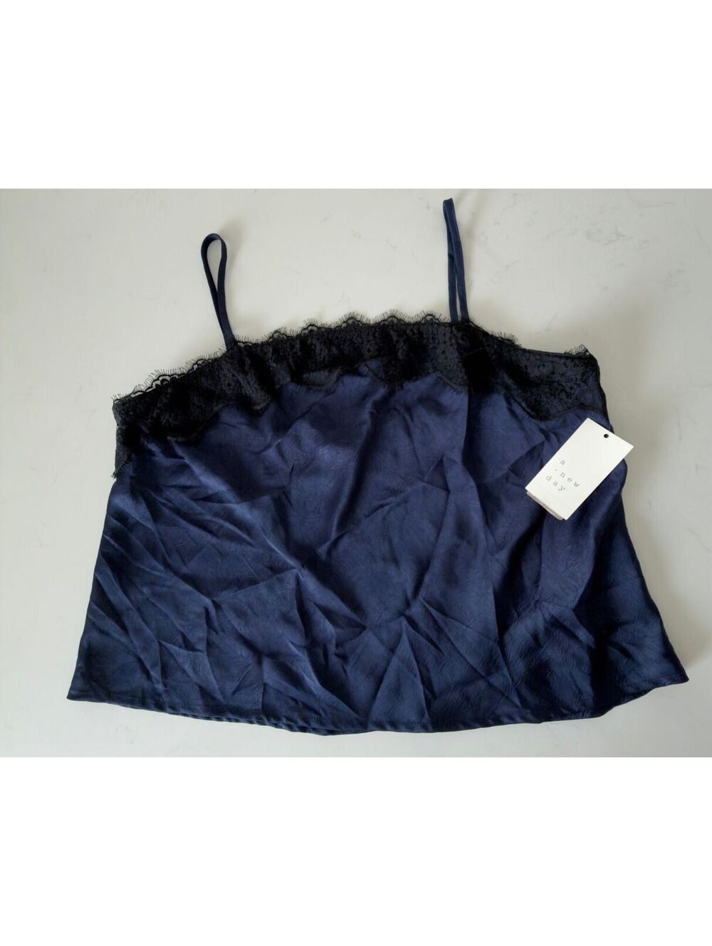 A New Day Navy Satin Black Lace Trim Tank Blouse Women